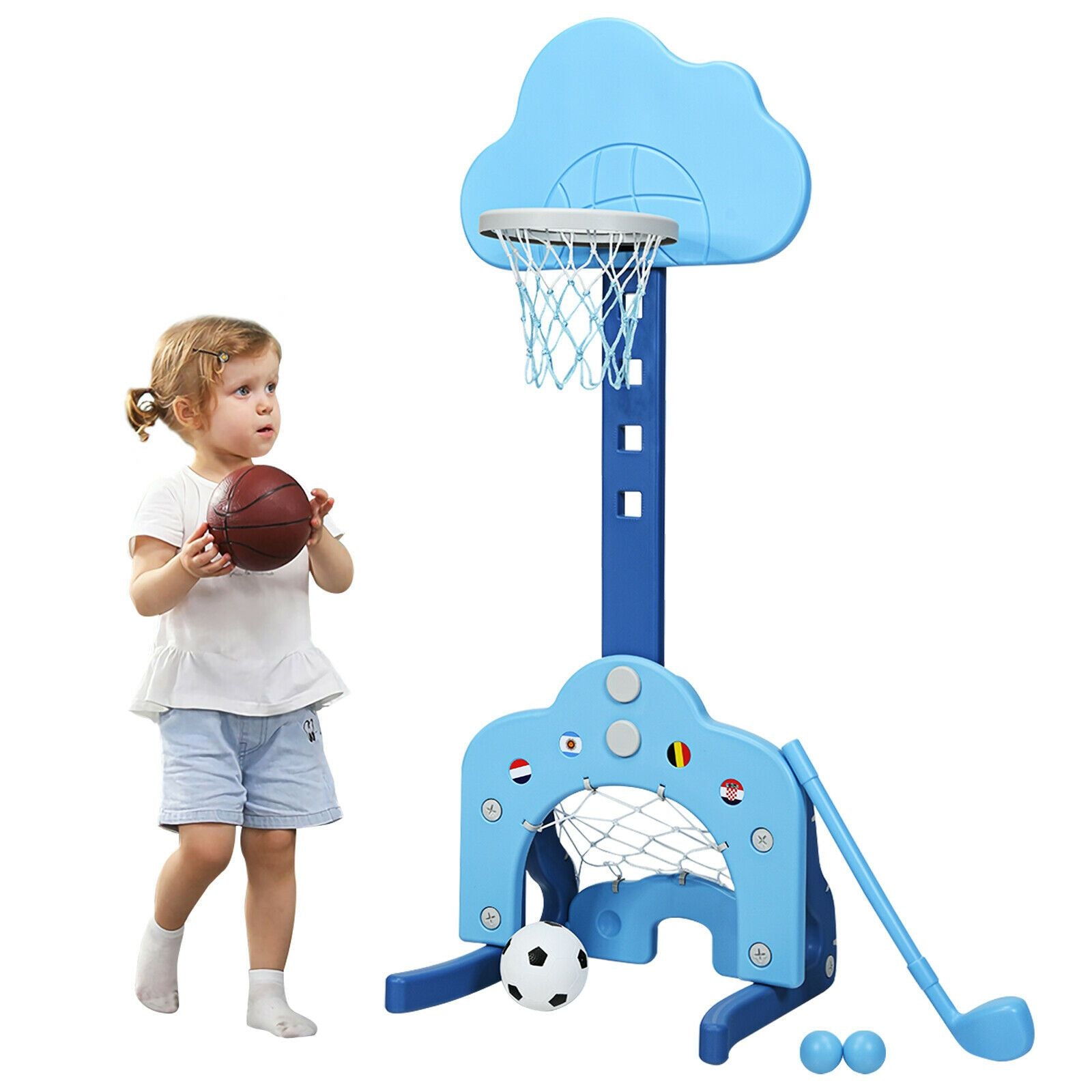 3-In-1 Toddler Basketball Hoop Set Stand with 5 Adjustable Height Levels