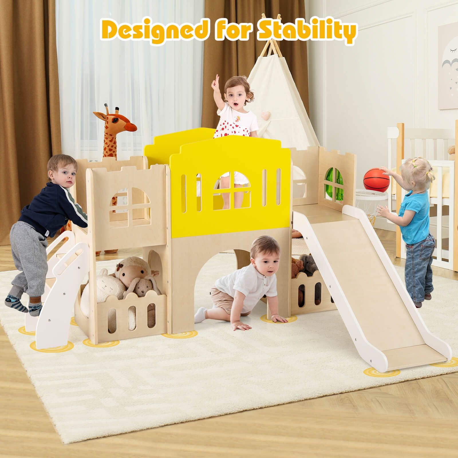 7-In-1 Toddler Slide Set with Ladder and Long Aisle Wooden Playground