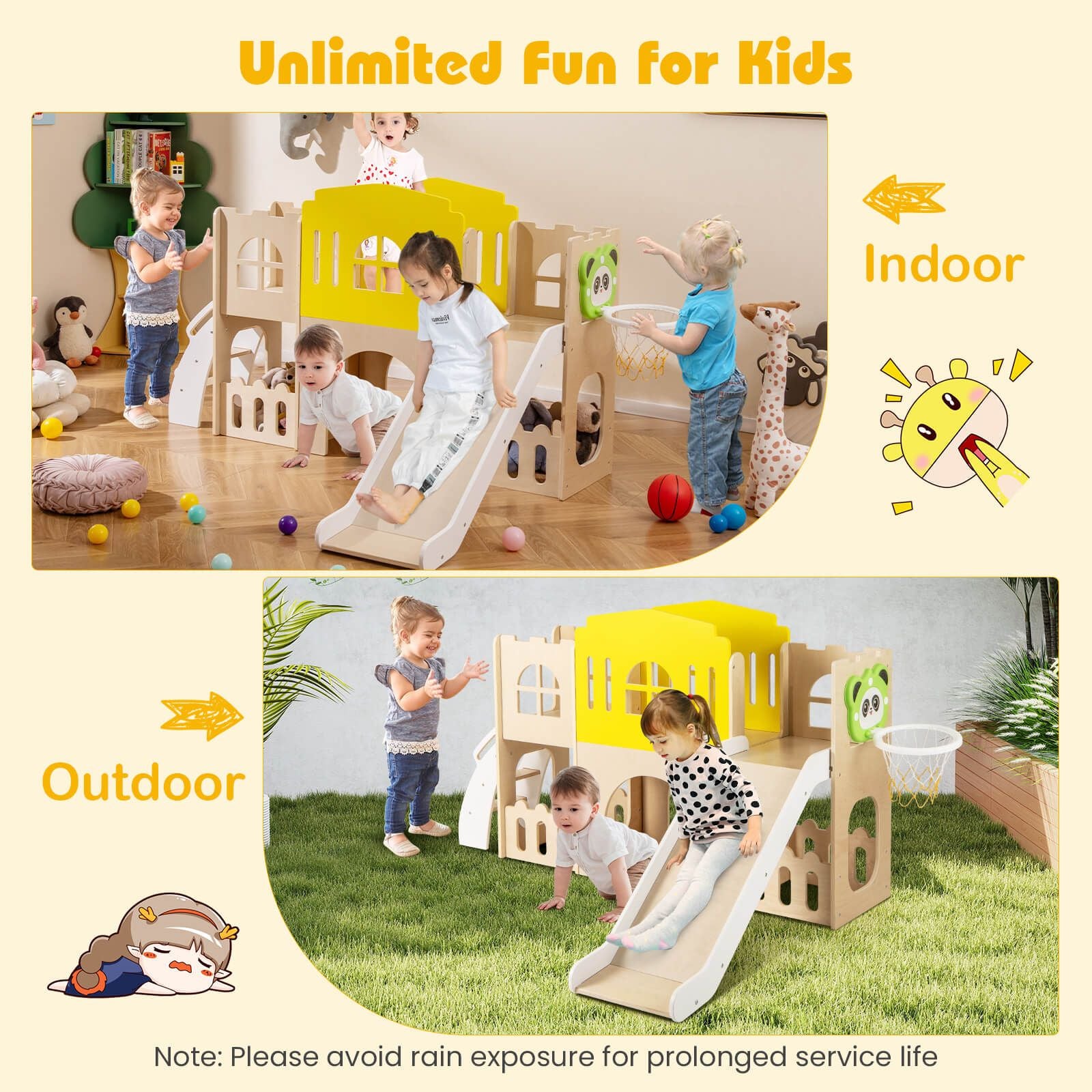 7-In-1 Toddler Slide Set with Ladder and Long Aisle Wooden Playground