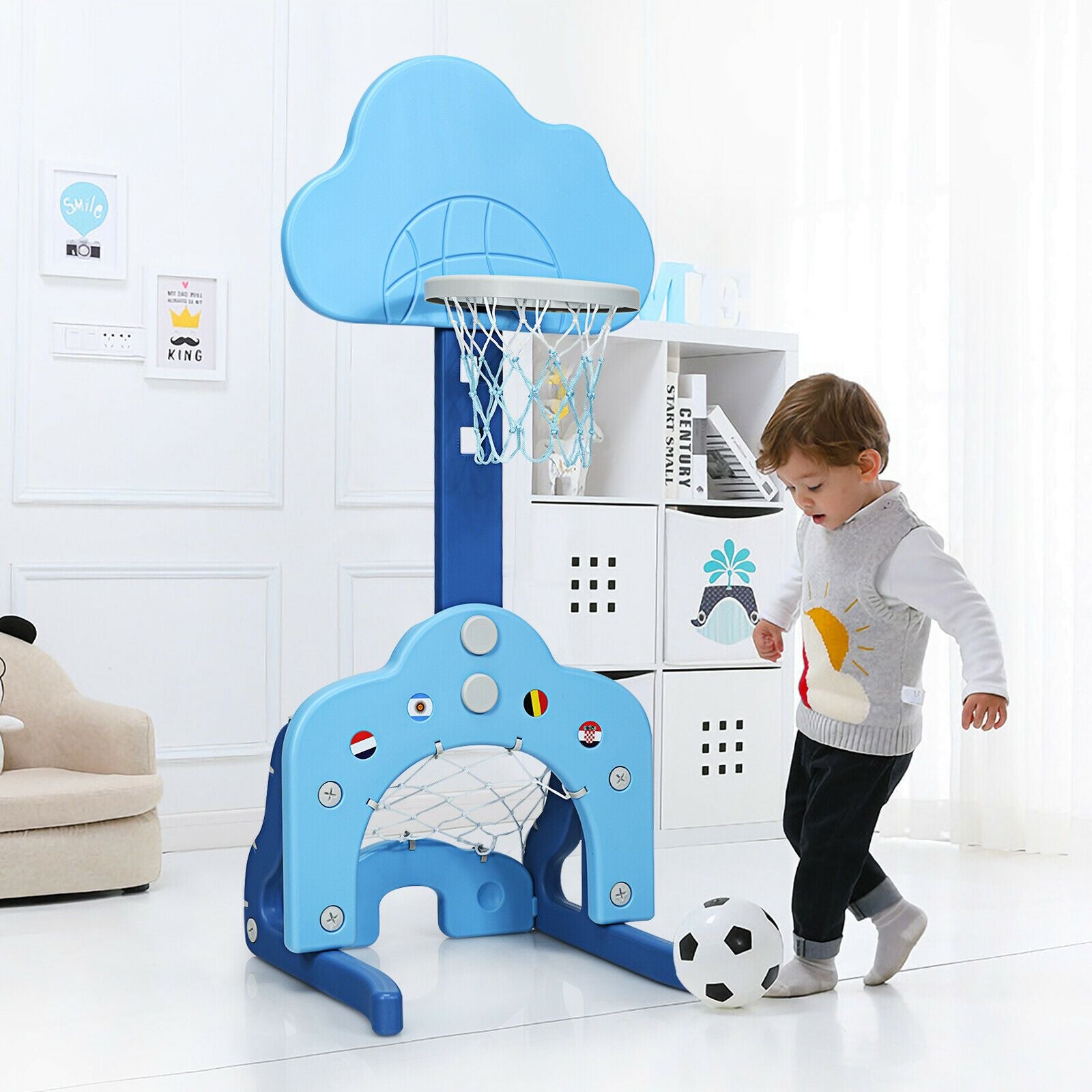 3-In-1 Toddler Basketball Hoop Set Stand with 5 Adjustable Height Levels