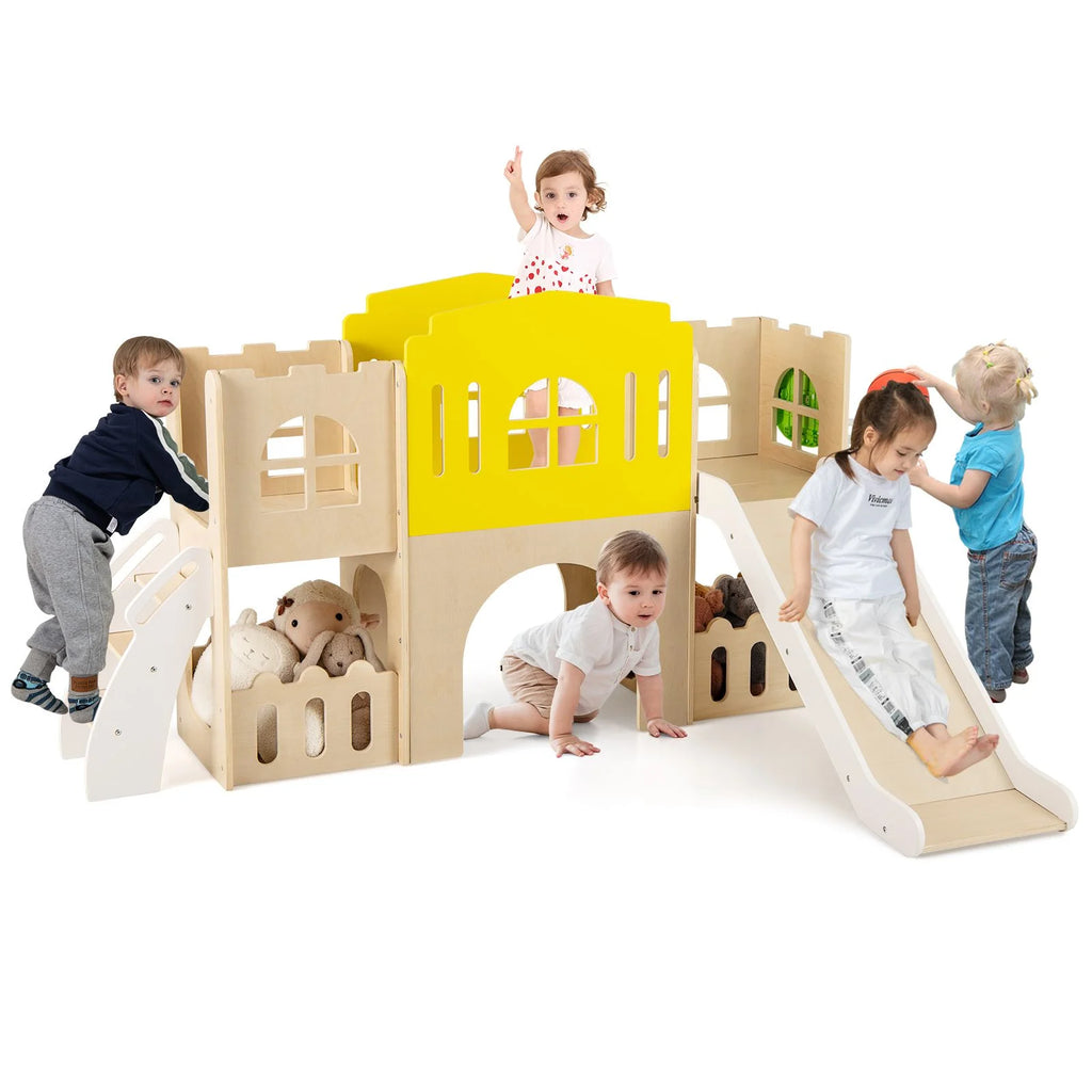 7-In-1 Toddler Slide Set with Ladder and Long Aisle Wooden Playground