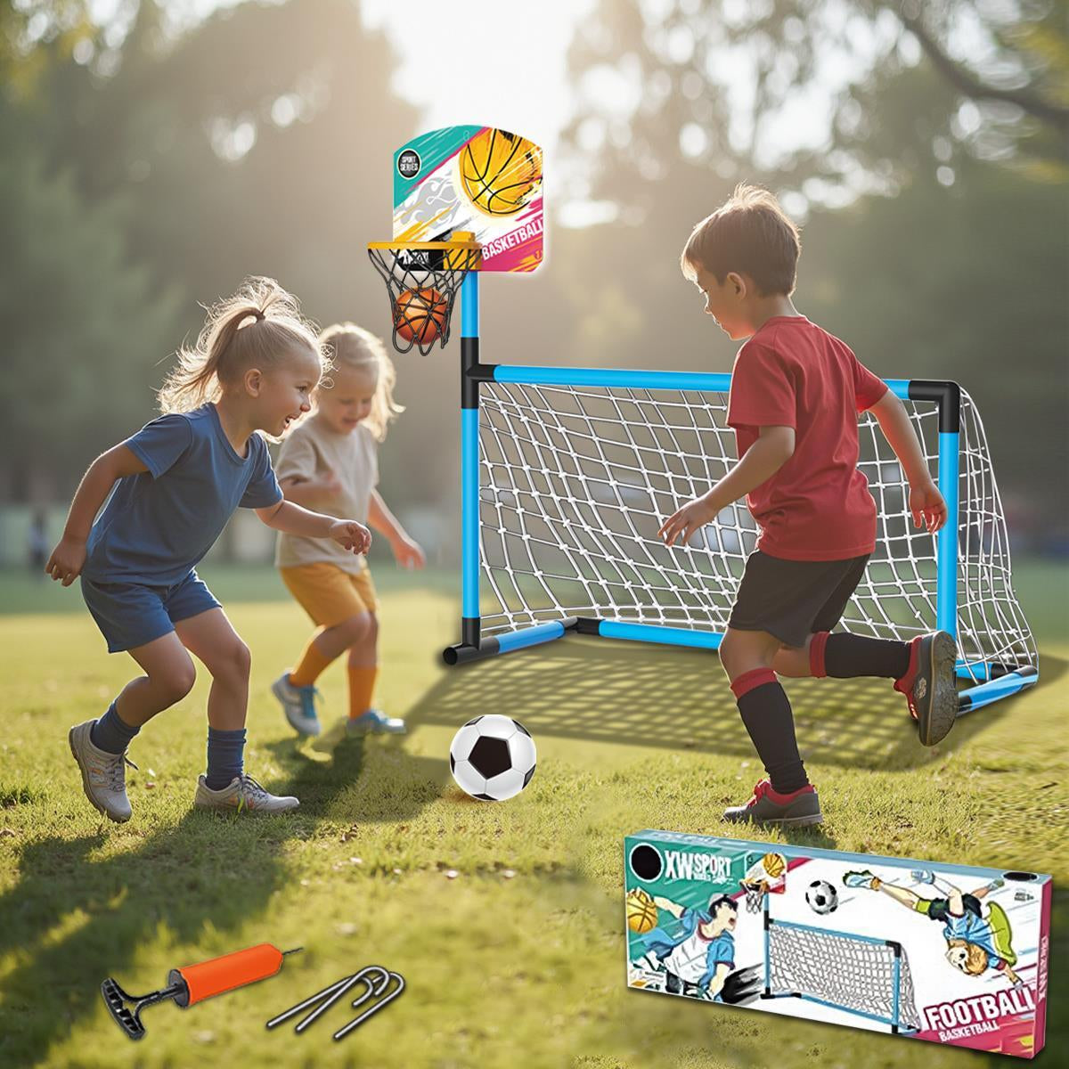 Football Goal Basketball Hoop Stand 2In1 Sports Kids Soccer Portable Fun Games
