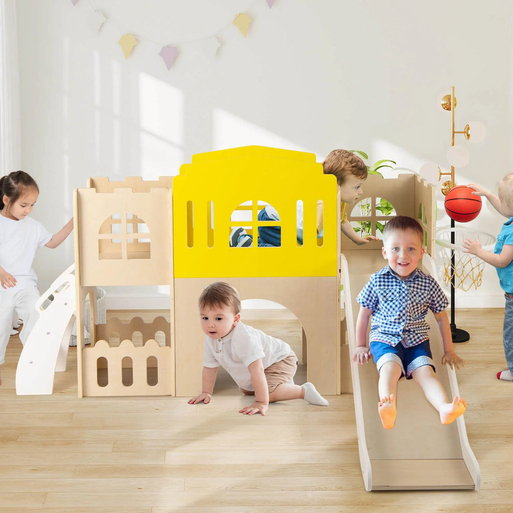 7-In-1 Toddler Slide Set with Ladder and Long Aisle Wooden Playground